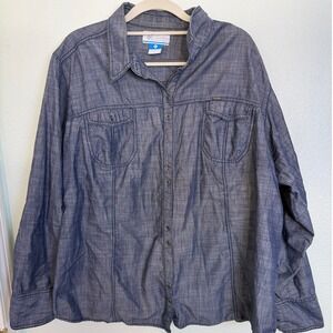 Columbia Womens 3X Blue Chambray Button Down Roll Tab Sleeve Utility Shirt